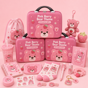 pink berry bear theme mystery suitcase blind box – 15 random surprise gifts